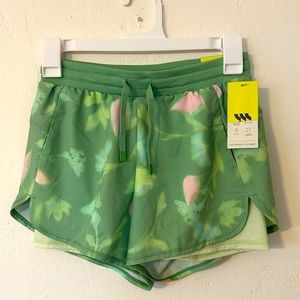 All in Motion Girl's Large (10-12) Double Layer Run Shorts 3.25" Green Athletic